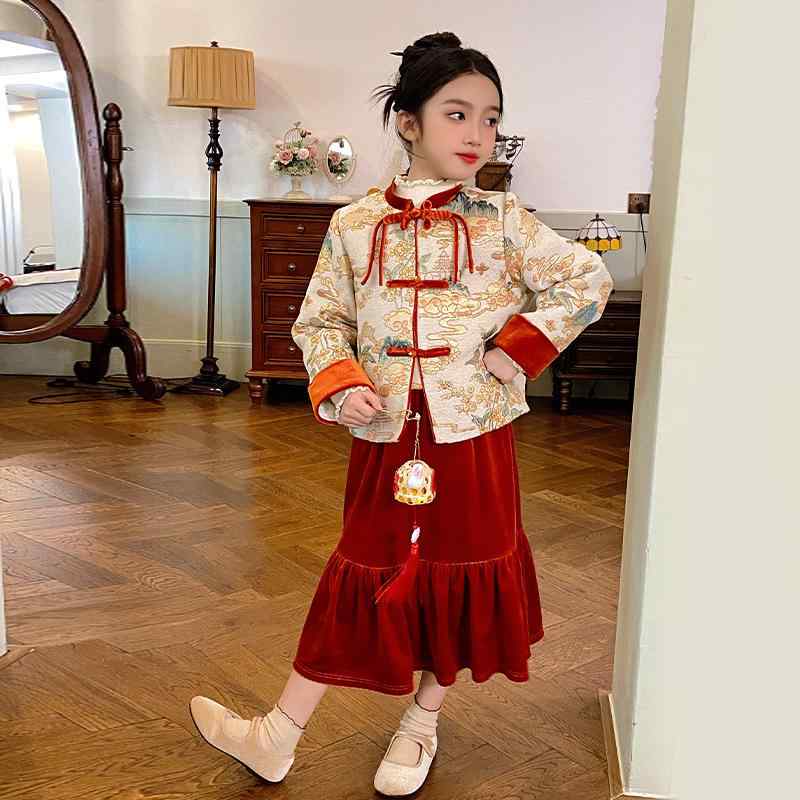唐装 女の子 新年服 漢服 中国風 伝統衣装 アウター ジャケット スカート 綿 厚手 秋冬 キッズ フォーマル イベント 晴れ着