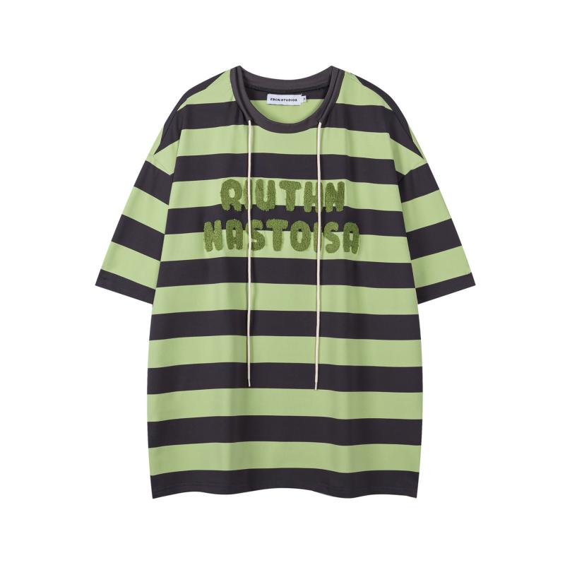 Tシャツ 男女兼用 アメリカンレトロ アメカジ バイカラー 紐付きマスコット タオル刺繍ロゴ ゆったり オーバーサイズ 半袖 ポリエステル クルーネック 夏 カジュアル 普段使い グレーグリーン