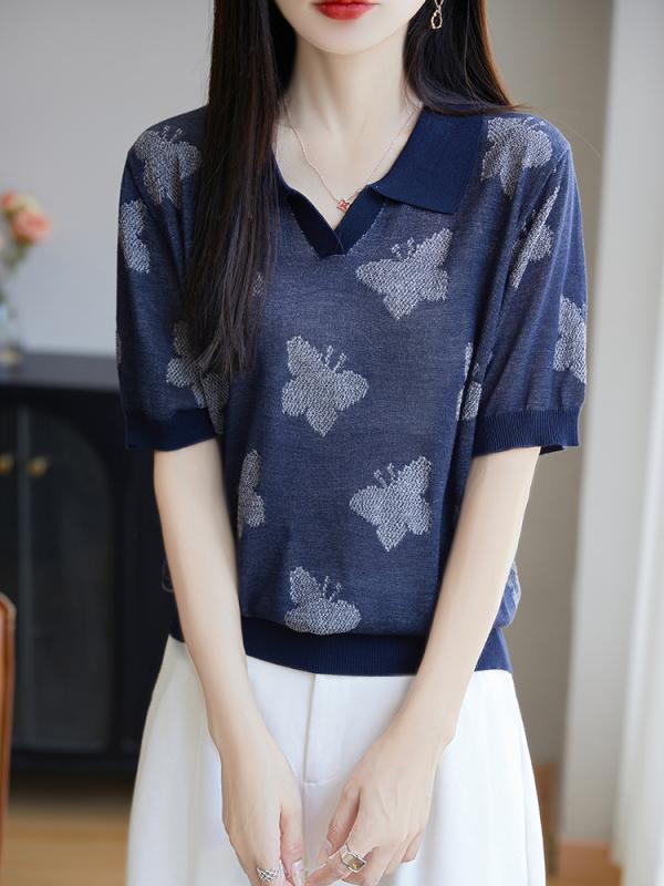 ニット レディース 春夏 レトロ ヴィンテージ テンセル リヨセル繊維 襟付き 開襟 半袖 Tシャツ カットソー 蝶柄 バタフライ ジャカード織り 薄手 ゆったり 配色切り替え トップス