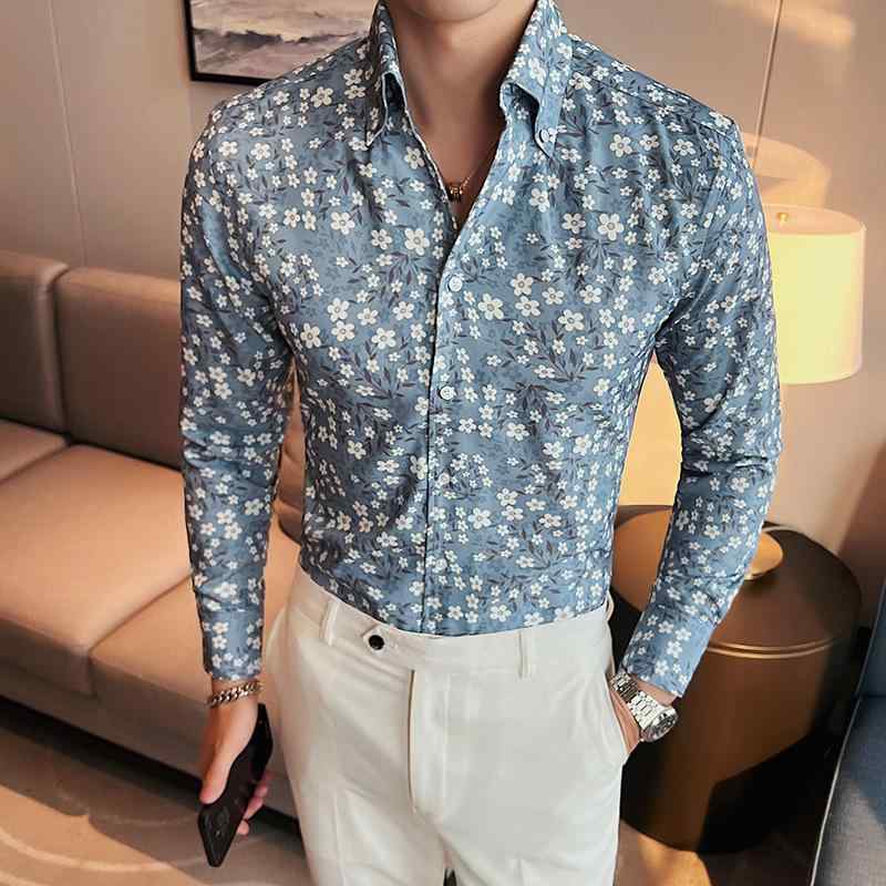 シャツ メンズ Vネック 長袖 小花柄 スリムフィット 韓国風 ストレッチ 伸縮性 秋 男性用 細身 きれいめカジュアル オフィスカジュアル ポリエステル混紡 普段使い デジタルプリント