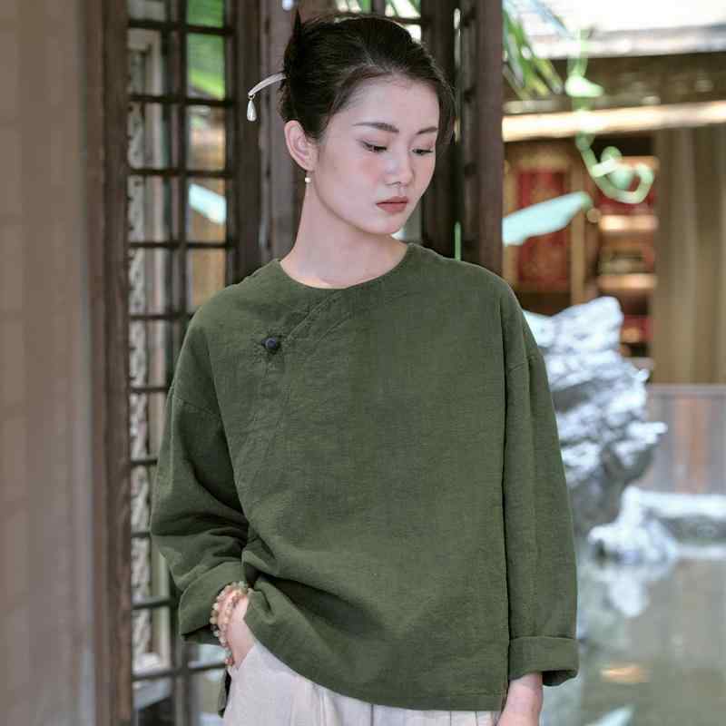 シャツ レディース 女性用 春夏 中華風 チャイナボタン レトロ ヴィンテージ 手縫い ステッチ コットン リネン 麻 綿 混紡 丸襟 ラウンドネック プルオーバー 長袖 ゆったり ルーズ 花柄 白 赤 緑