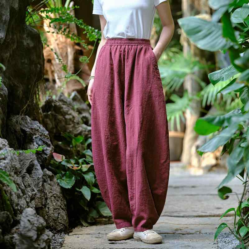 パンツ レディース 綿麻 リネン ストーンウォッシュ加工 レトロ ヴィンテージ ゆったり ワイド バルーン ロング丈 リラックスウェア 部屋着 ヨガ 瞑想 春夏