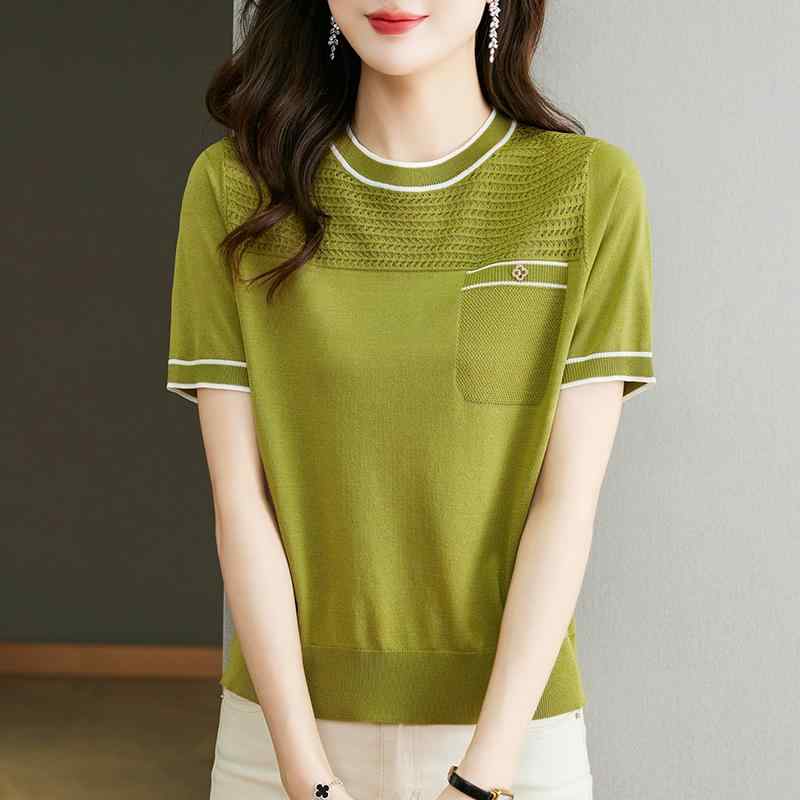 トップス レディース ミセス 半袖 接触冷感 ニット Tシャツ プルオーバー 切り替え 透かし編み 薄手 クルーネック ショート丈 夏 上品 エレガント 通勤 オフィス 普段使い カジュアル