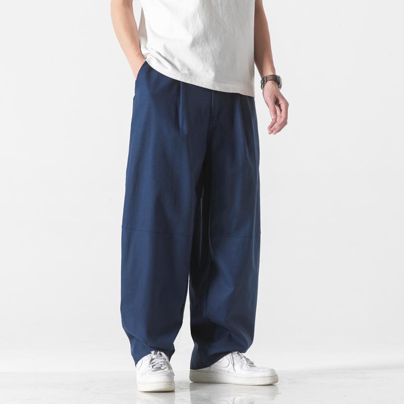 パンツ メンズ 大きいサイズ 春夏 綿麻 薄手 軽量 接触冷感 ゆったり ストレート ワイド サルエル風 ハイウエスト チャイナ風 カジュアル 普段使い リラックス イージーパンツ ブラック