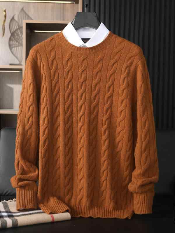 ニット メンズ 男性用 100%カシミヤ ピュアカシミヤ セーター プルオーバー クルーネック 丸首 ケーブル編み アラン編み 無地 秋冬 暖かい 保温性 柔らかい ゆったり カジュアル 高級感