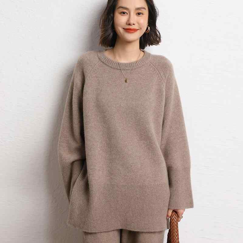 ニット レディース 柔らか なめらか カシミヤ混 秋冬 ゆったり カジュアル ラグランスリーブ クルーネック 厚手 無地 裾スリット 重ね着