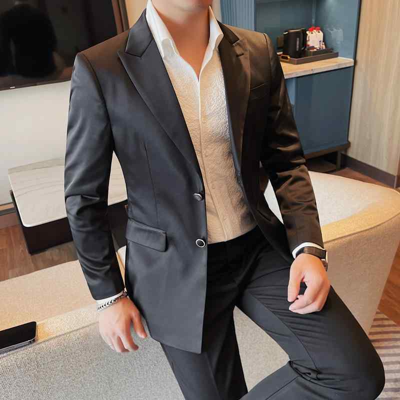ジャケット メンズ 男性用 春夏 シングルブレスト 2つボタン スリムフィット 光沢 ノーアイロン ビジネスカジュアル きれいめ ポリエステル混紡 テーラードカラー 無地 ブラック グリーン 色落ちしにくい