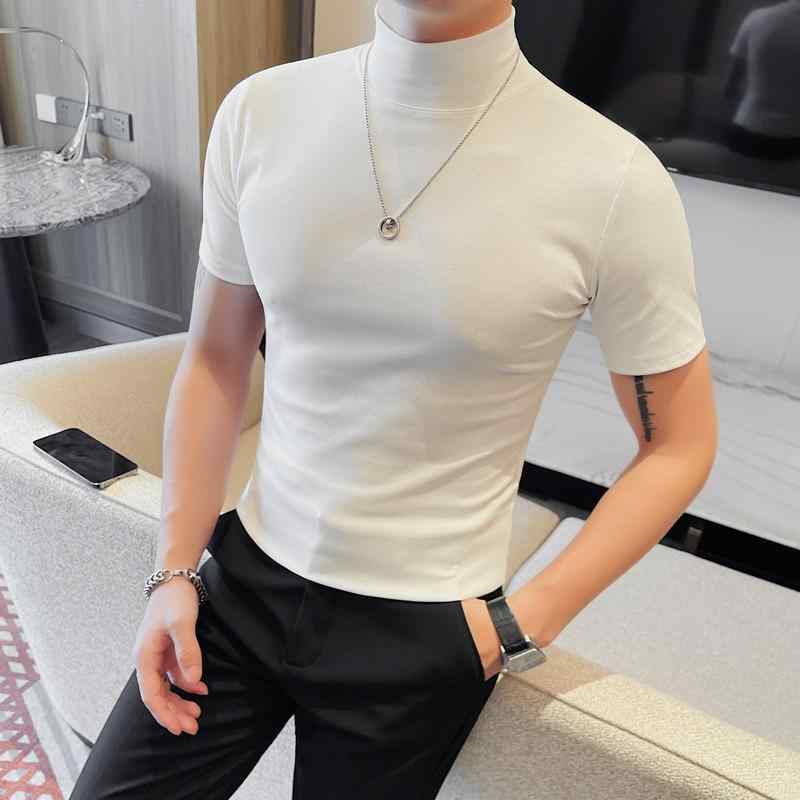 Tシャツ メンズ 半袖 スリムフィット ハーフハイネック コットン ストレッチ ドット柄 満天星 ラメ加工 クール トップス 男性用 インナー 綿混 伸縮性 高弾力 モックネック カジュアル 春夏 ブラック ホワイト