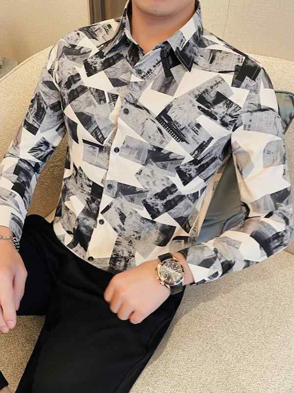 シャツ メンズ 男性用 春夏 長袖 ロングスリーブ 花柄 小花柄 フラワープリント トレンド 流行 スタイリッシュ クール 韓国ファッション 上質 高級感 スリムフィット 細身 ポリエステル素材 カジュアル 普段使い デイリーユース 襟付き