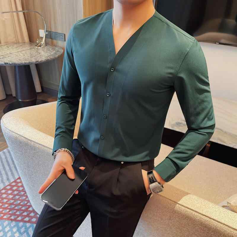 シャツ メンズ 男性用 春夏 シームレス ボンディング加工 Vネック 長袖 スリムフィット 無地 おしゃれ ノーカラー カジュアル ビジカジ 形態安定 ポリエステル ブラック ホワイト ダークグリーン