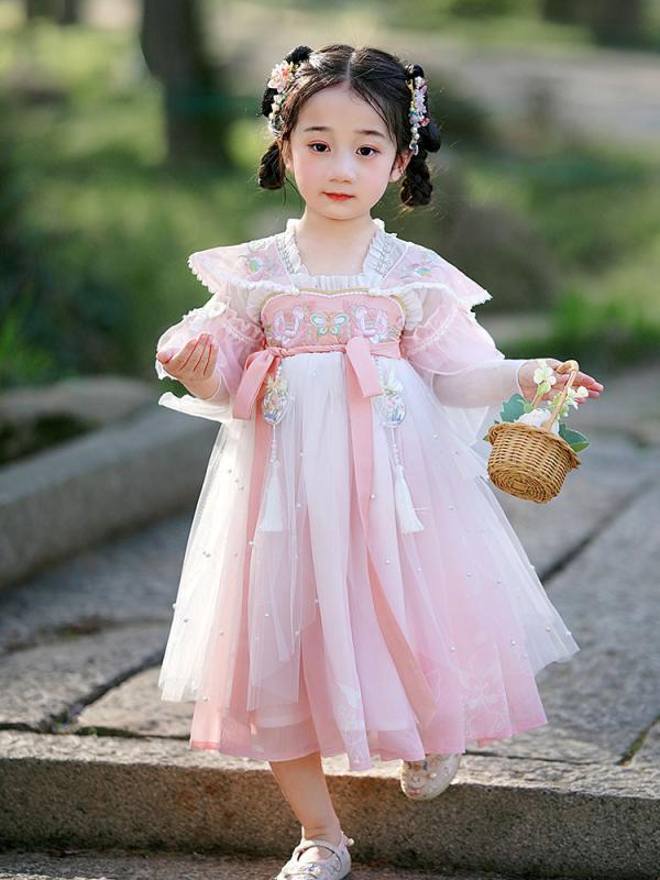 ワンピース 女の子用 漢服 夏 半袖 中国風 唐装 改良型 花柄 プリンセス かわいい シフォン コットン裏地 薄手 民族衣装 ガールズドレス グリーン ピンク