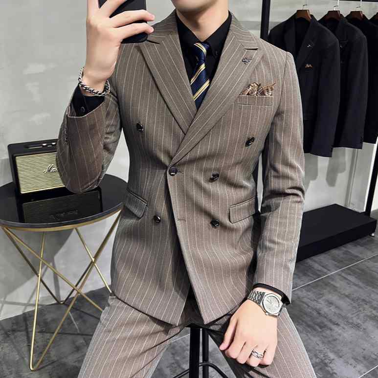 スーツ メンズ 男性用 ストライプ柄 ダブルブレスト スリーピース スリムフィット 細身 大きいサイズ ビジネス フォーマル 結婚式 冠婚葬祭 混紡素材 再生繊維 春夏|ふんわり暮らし鞄店