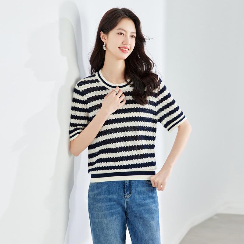 Tシャツ テンセル ストライプ 半袖 ラウンドネック ゆったり 薄手 着痩せ トップス ショート丈 切り替え 春夏 通勤 普段使い 抹茶グリーン ネイビー