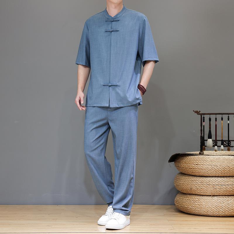 セットアップ メンズ 春夏 接触冷感 チャイナ服 カジュアル 唐装 シャツ 半袖 ロングパンツ 薄手 通気性 涼しい 麻混 リネン風 ルームウェア｜ふんわり暮らし鞄店