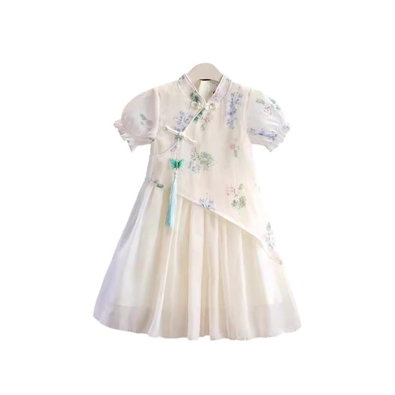 ワンピース 女の子 新中華風 漢服 チャイナドレス プリンセスドレス 花柄 綿素材 薄手 春夏 子供 女児 ベビー 普段着 お出かけ かわいい 杏色