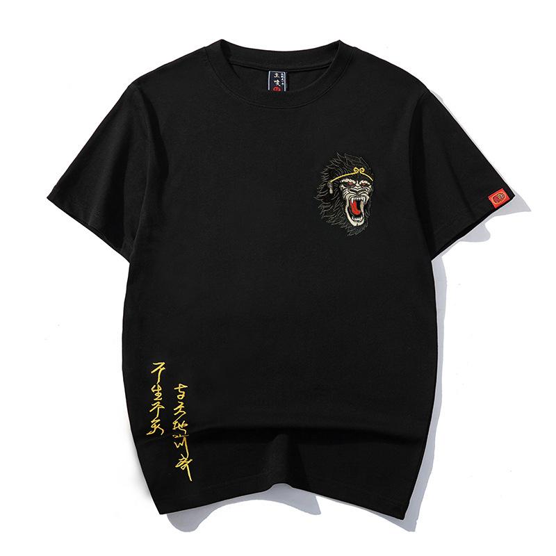 Tシャツ メンズ 男性用 春夏 綿 コットン ゆったり ルーズフィット 丸首 クルーネック 半袖 薄手 刺繍 孫悟空デザイン 民族風 カジュアル 普段使い ブラック 黒