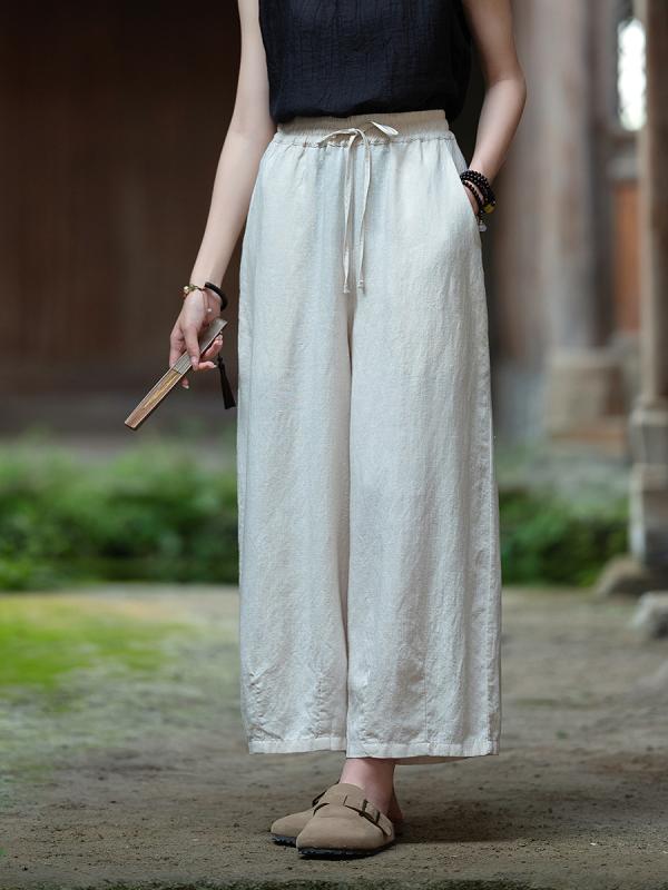 パンツ レディース 春夏 9分丈 バルーンワイドパンツ リネン コットンリネン 麻 綿麻 テンセル 再生繊維 ゆったり 薄手 砂洗い加工 切り替え 文芸風 レトロ カジュアル 普段使い ナチュラル ベージュ ピンク ホワイト イエロー