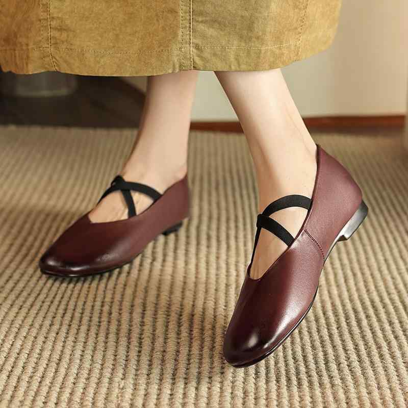 パンプス レディース レトロ メリージェン バレー ドライビングシューズ モカシン 牛皮 木目細か クロスストラップ ラウンドトゥ ソフトソール デイリー 黒いこと 赤銅色 春夏秋 日用品雑貨・文房具・手芸-その他