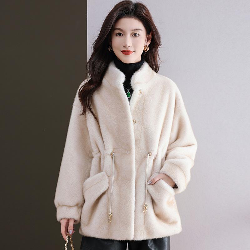 アウター レディース 女性用 秋冬 厚手 フェイクファー ボア ミンク調 上品 エレガント フレンチシック ゆったり スタンドカラー 長袖 切り替え ジャケット コート