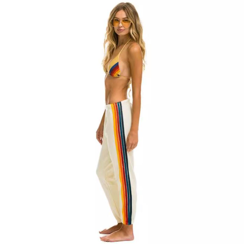 パンツ レディース 春夏 虹色ストライプ スウェット ジョガー ニット テーパード スリムフィット ポリエステル ストレッチ ロング丈 スポーツ カジュアル リラックス 部屋着 普段使い ミドルウエスト 切り替え