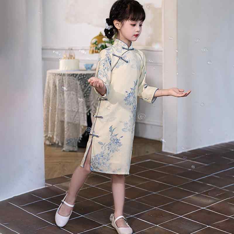 チャイナドレス キッズ 女の子 子供服 ワンピース ドレス 漢服 唐装 中華風 レトロ エスニック 花柄 コットンポリエステル 厚手 ソフト 春秋 お出かけ 発表会