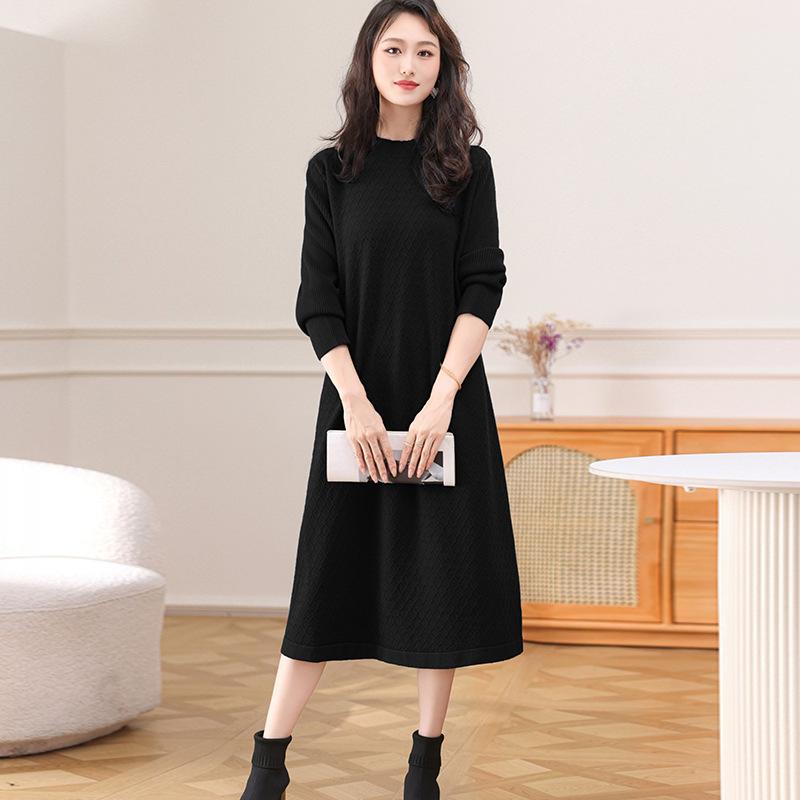 ニットワンピース レディース 秋冬 ストレート ロング丈 ゆったりシルエット ラウンドネック 長袖 ニット ビスコース ポリエステル おしゃれ エレガント 上品 配色切り替え 通勤 オフィス カジュアル 快適