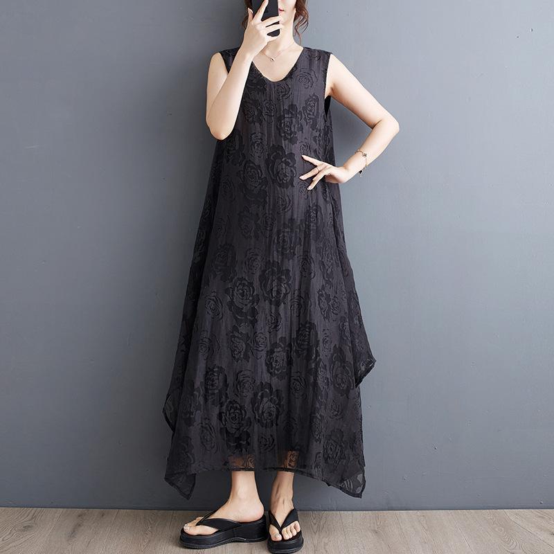 衣裳 レディース 春夏 ゆったり 伸び伸びする相応う 雅びやか 雅びやか 好いたらしいめ 透かし編み クロシェ 花柄 非対称 ダブルレイヤー ノースリーブ ミモレ丈 Vのど首 A伝達ルート 通い 事務室 心地よい 白いこと 黒いこと