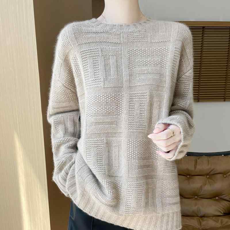 ニット レディース 秋冬 ウール100 ラウンドネック ジャカード 長袖 ゆったり 厚手 トップス プルオーバー 上品 通勤 オフィス カジュアル ドロップショルダー あったか 7,669円