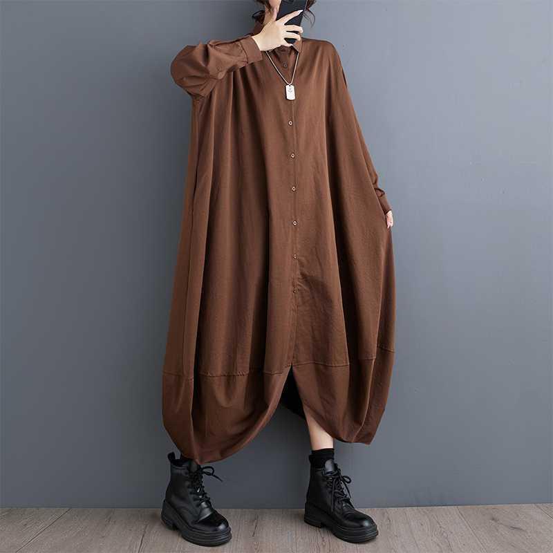 シャツワンピース レディース 大きいサイズ 韓国風 ゆったり ルーズフィット 変形ヘムライン アシンメトリー 長袖 Aライン ロング丈 コットンブレンド 無地 秋冬 普段使い お出かけ おしゃれ 上品 エレガント