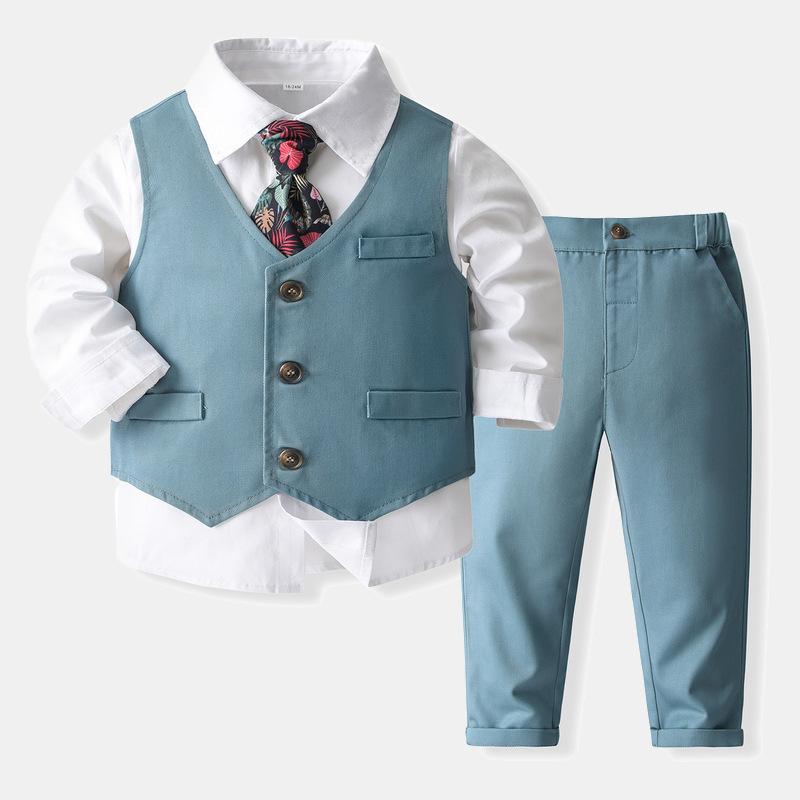 スーツ 男の子 キッズ フォーマル セレモニー スリーピース セットアップ ジャケット ベスト 綿 結婚式 発表会 七五三 卒園式 入学式 パーティー 秋 ブリティッシュスタイル 蝶ネクタイ 長袖シャツ スカイブルー