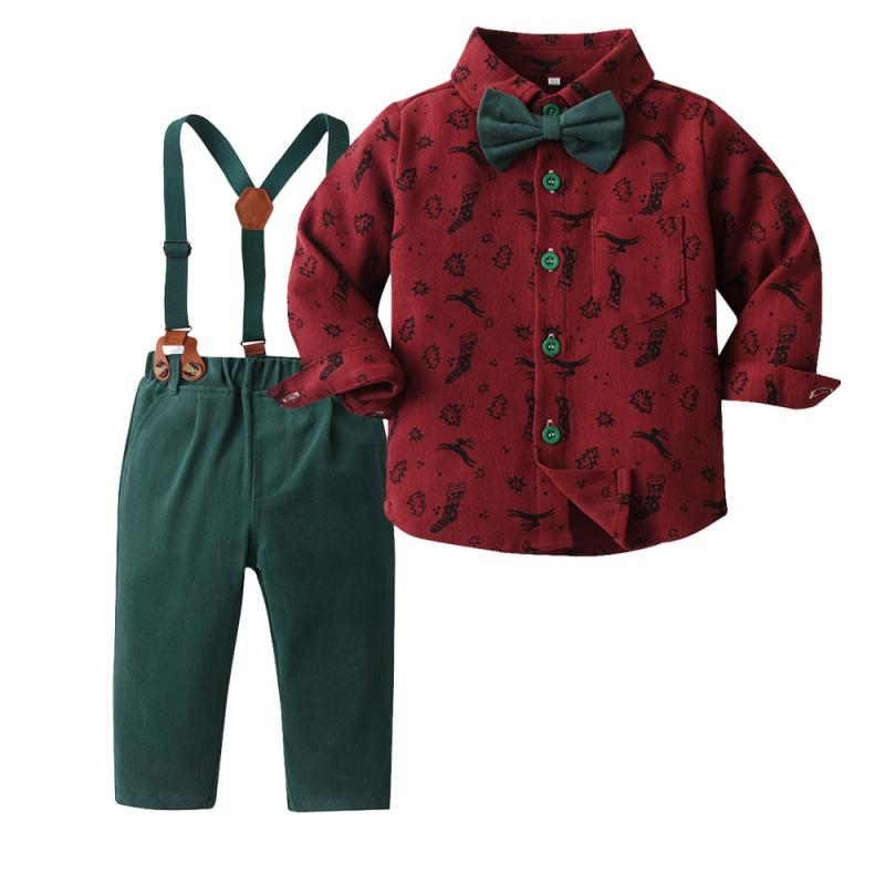 キッズ 男の子 セットアップ 長袖シャツ パンツ 蝶ネクタイ プリント サスペンダー付き クリスマス フォーマル 礼服 結婚式 発表会 パーティー コットン かわいい おしゃれ 秋冬 2点セット 多色展開