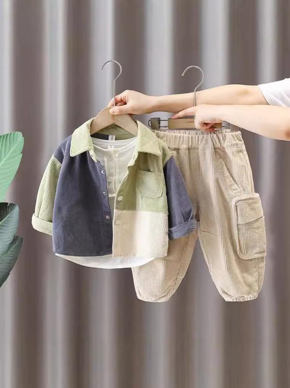 セットアップ キッズ 男の子 ベビー 幼児 春秋 長袖 トップス ジャケット カーディガン 長ズボン パンツ 3点セット 綿 コットン 柔らかい 無地 カジュアル 韓国風 かわいい おしゃれ かっこいい トレンド グリーン シングルボタン