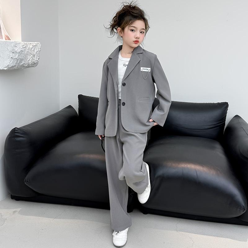 ジャケット 女の子 ガールズ キッズ ジュニア 春秋 セットアップ スーツ ツーピース ダブルボタン ワイドパンツ ゆったり きれいめ ブリティッシュスタイル フォーマル 入学式 卒業式 発表会 通学 通園 ポリエステル グレー