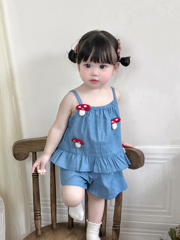 キッズ 女の子 ベビー きのこ柄 キャミソール ノースリーブ ショートパンツ 2点セット 夏 綿 コットン 無地 ブルー 韓国風