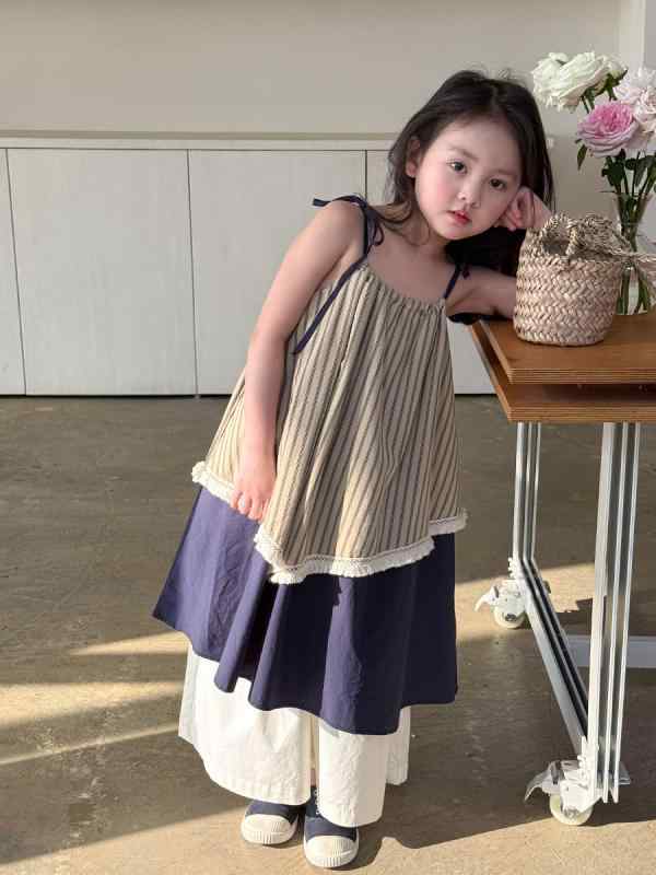 セットアップ キッズ 女の子 ワンピース プリンセスドレス パンツ ズボン 韓国風 薄手 綿 コットン かわいい ストライプ 白 春夏 ノースリーブ お出かけ 快適