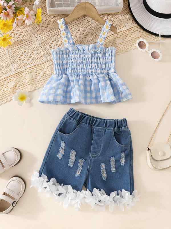 キッズ 女の子 女児 ガールズ デニムショートパンツ タンクトップ ツーピース 花柄 コットン 夏物 カジュアル 普段着 ホワイト 白