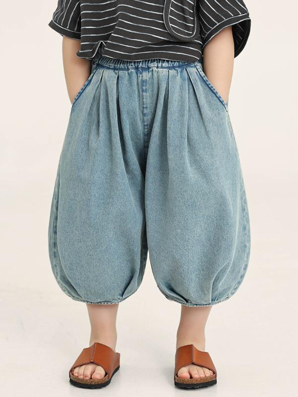 キッズ 男の子 デニムパンツ ジーンズ 春夏 薄手 七分丈 クロップド バルーン カボチャ 韓国風 綿 コットンブレンド ウエストゴム 普段使い カジュアル 通学 快適 ソフト加工 ブルー