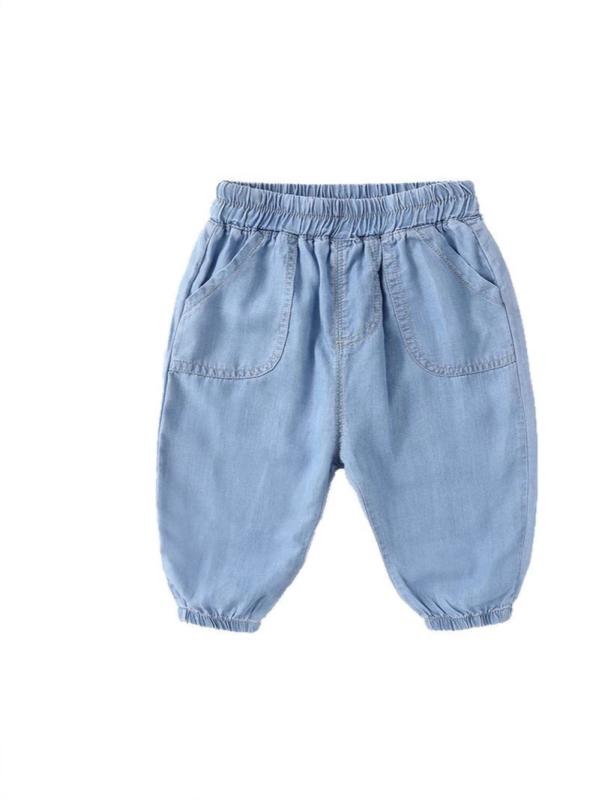 ベビーパンツ 男の子 女の子 幼児向け 虫よけ 防蚊 テンセルデニム 薄手 夏物 カジュアル ゆったり バルーンシルエット 長ズボン 無地 股下スナップ ライトブルー ダークブルー