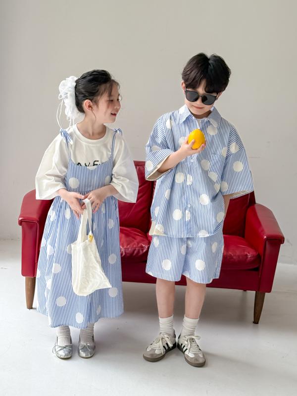 キッズ 男の子 女の子 韓国ファッション 春夏 セットアップ 水玉模様 シャツ ショートパンツ ストライプ柄 ワンピース ドレス 薄手 綿 コットン さわやか ナチュラル 夏らしい ブルー かわいい
