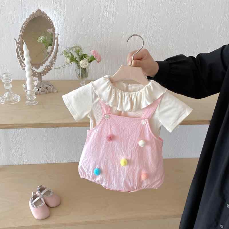 ベビー セットアップ 赤ちゃん 春夏 薄手 涼しい 綿 コットン Tシャツ 半袖 カットソー サロペット オーバーオール かわいい おしゃれ シンプル ピンク お出かけ セパレート 2点セット