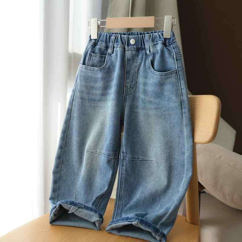 デニムパンツ 子供 男女兼用 ストレッチ ソフトデニム ウォッシュ加工 ハーレムパンツ サルエルパンツ ロングパンツ 長ズボン 小学生 春秋 ブルー コットン カジュアル