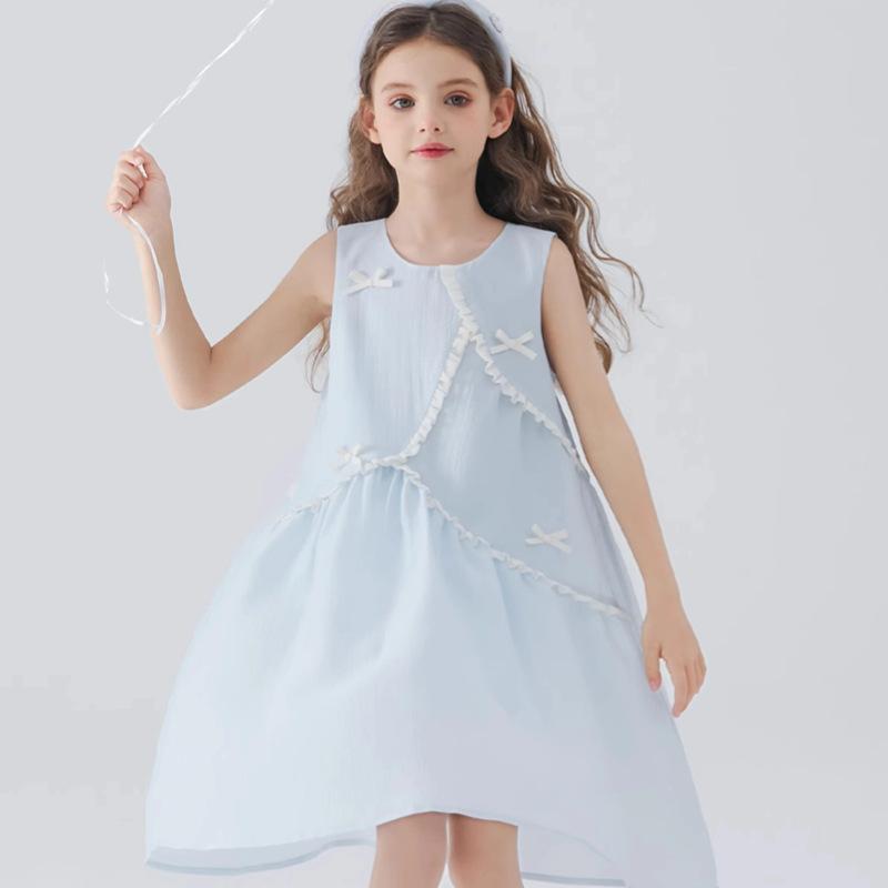 ワンピース 女の子 キッズ ジュニア ガールズ かわいい ノースリーブ キャミソール Aライン フレア ゆったり 涼しい 接触冷感 ポリエステル 再生繊維 ライトブルー リボン 夏 お出かけ 普段使い カジュアル