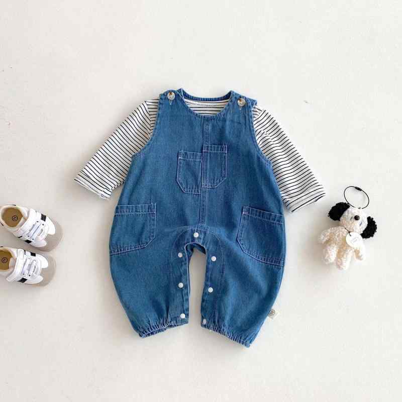 ベビー服 子供服 幼児 秋冬 デニム セットアップ 2点セット 韓国風 ファッション ボーダー ストライプ Tシャツ トップス 長袖 サロペット オーバーオール 長ズボン ロングパンツ お出かけ 普段使い 柔らか素材 コットン 綿 男女兼用