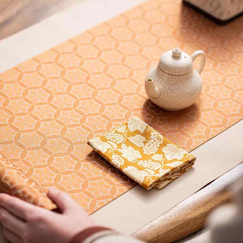 茶席 六菱華文様 錦織り 防水 ハンドメイド 新中華風 禅風 和モダン 茶道マット テーブルランナー リビング ダイニング 店舗 インテリア 高級感 汎用 上質 敷物