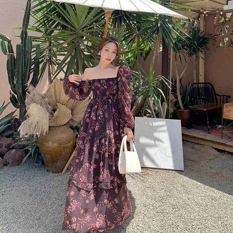 ワンピース レディース 小花柄 レトロ フレンチテイスト シフォン ロング丈 春夏 長袖 スクエアネック パフスリーブ ハイウエスト フリル 韓国風 フェミニン インナー レイヤード