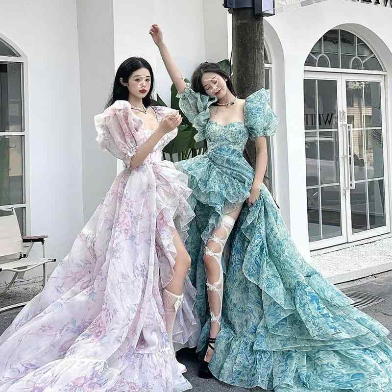 ワンピース 春夏 フレンチレトロ プリンセス風 小花柄 ロング丈 スクエアネック パフスリーブ ハイウエスト ボリュームフレア ポリエステル|ふんわり暮らし鞄店