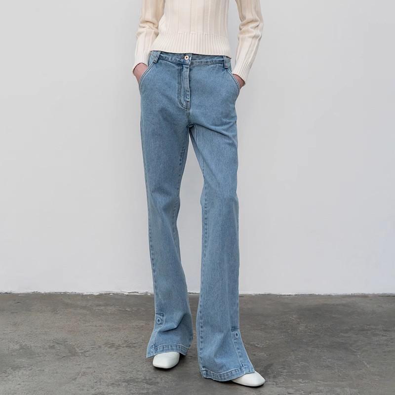 デニムパンツ レディース ハイウエスト サイドスリット フレアパンツ ストレート フルレングス 細見え スタイルアップ効果 着回し抜群 万能 カジュアル 春秋 綿 コットン ライトブルー 普段使い 通勤スタイル ボトムス