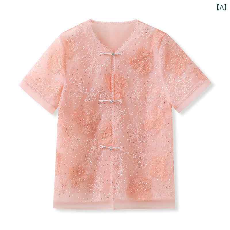 レディース トップ 新中華風 トリアセテート 半袖 ラウンド素っ首 花柄 刺しゅう ビーズ スパンコール うつり変わり ゆったり 体型覆いかぶせる サクラ色 春夏