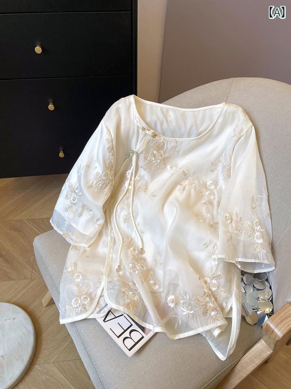 シャツ レディース トップス 改良型 刺繍 チャイナボタン 半袖 パフスリーブ 丸首 前開き ゆったり ルーズフィット 若見え 個性的 おしゃれ エレガント 通勤 オフィス 普段使い シェニール ポリエステル アイボリー 春夏