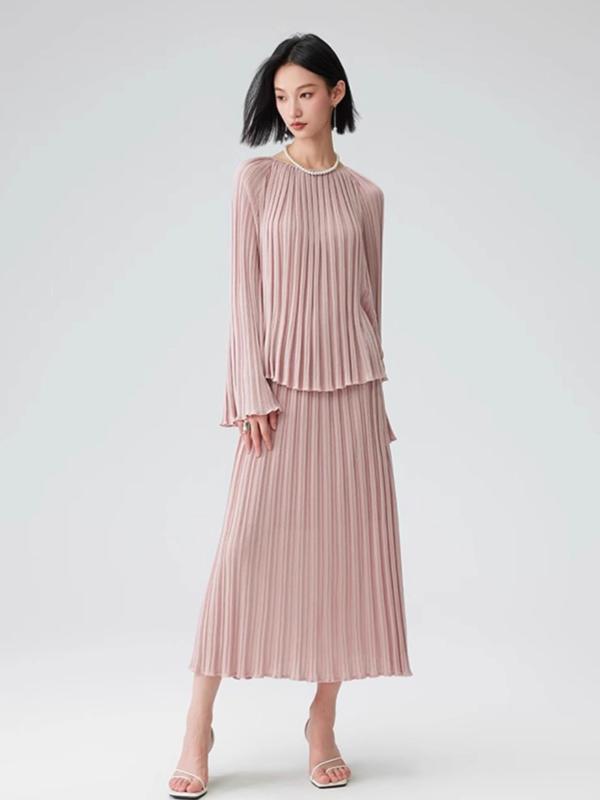 スカートセットアップ レディース 女性用 春夏 高級感 デザイン性 プリーツ エレガント 上品 ミモレ丈 フレアスリーブ お呼ばれ オケージョン ポリエステル グレージュ｜ふんわり暮らし鞄店